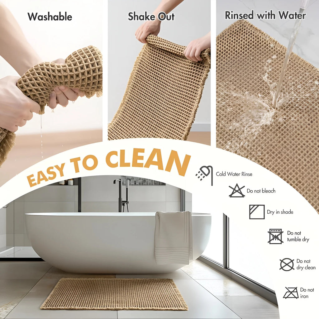 Waffle Weave Bathroom Mat, Super Absorbent Non-Slip Bath Mat with Tassels, Machine Washable, Brown (2 Sizes)