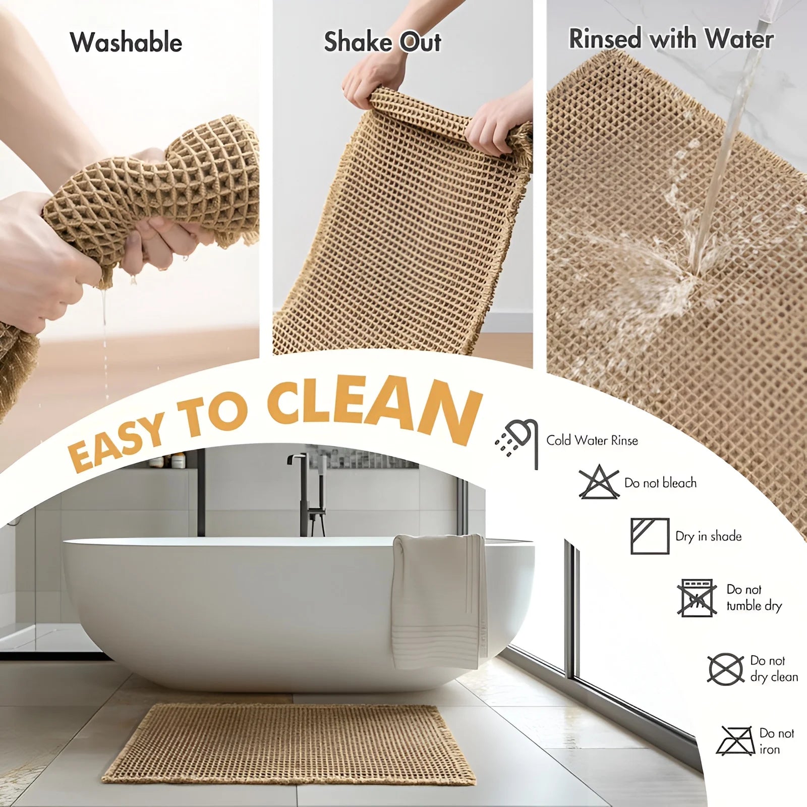Waffle Weave Bathroom Mat, Super Absorbent Non-Slip Bath Mat with Tassels, Machine Washable, Brown (2 Sizes)