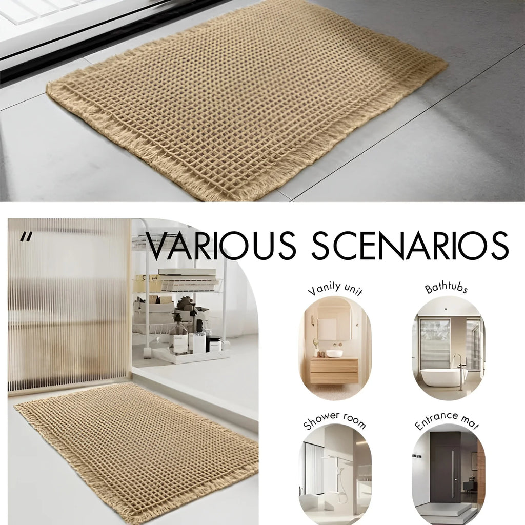 Waffle Weave Bathroom Mat, Super Absorbent Non-Slip Bath Mat with Tassels, Machine Washable, Brown (2 Sizes)