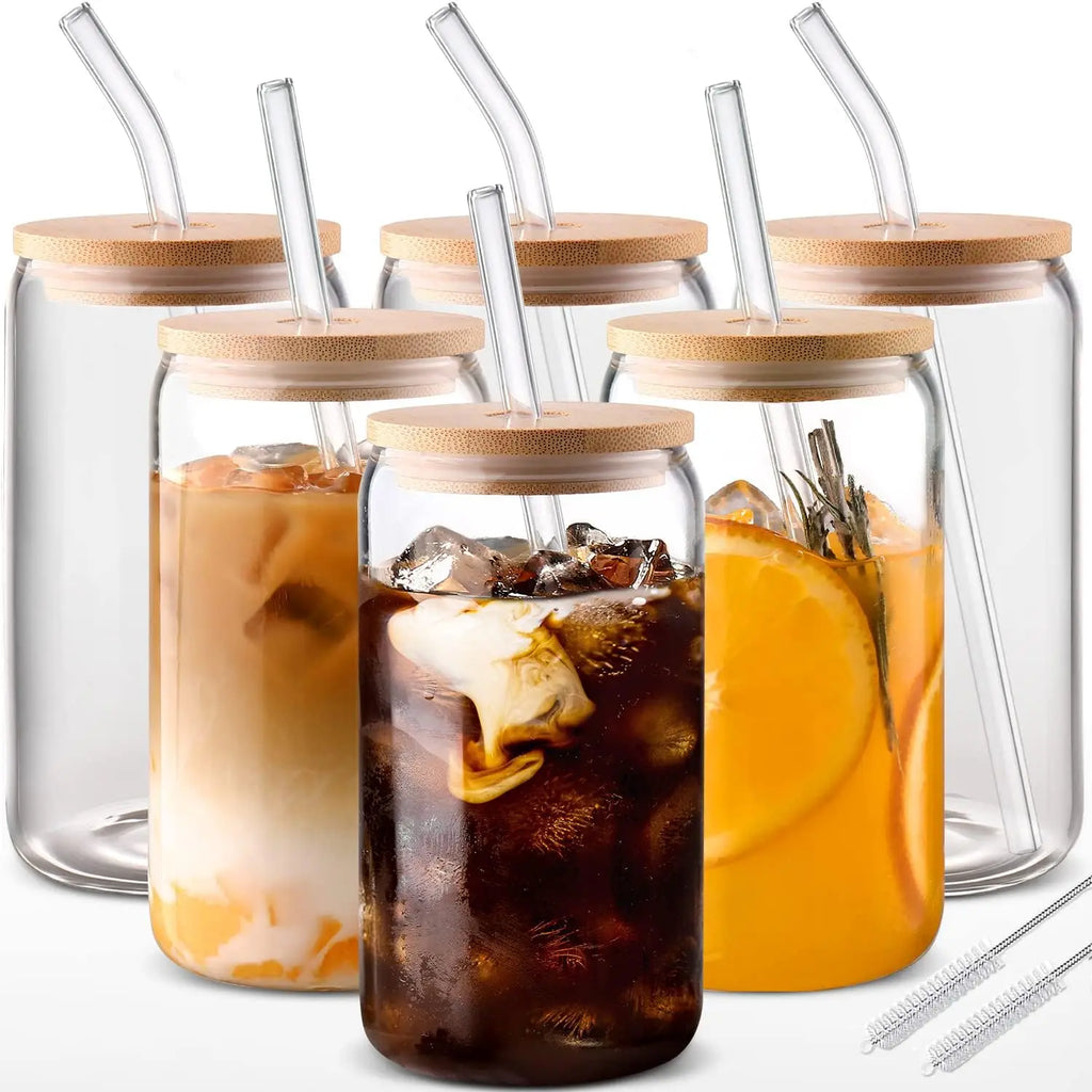 6-Piece Glass Cup Set with Bamboo Lids & Straws