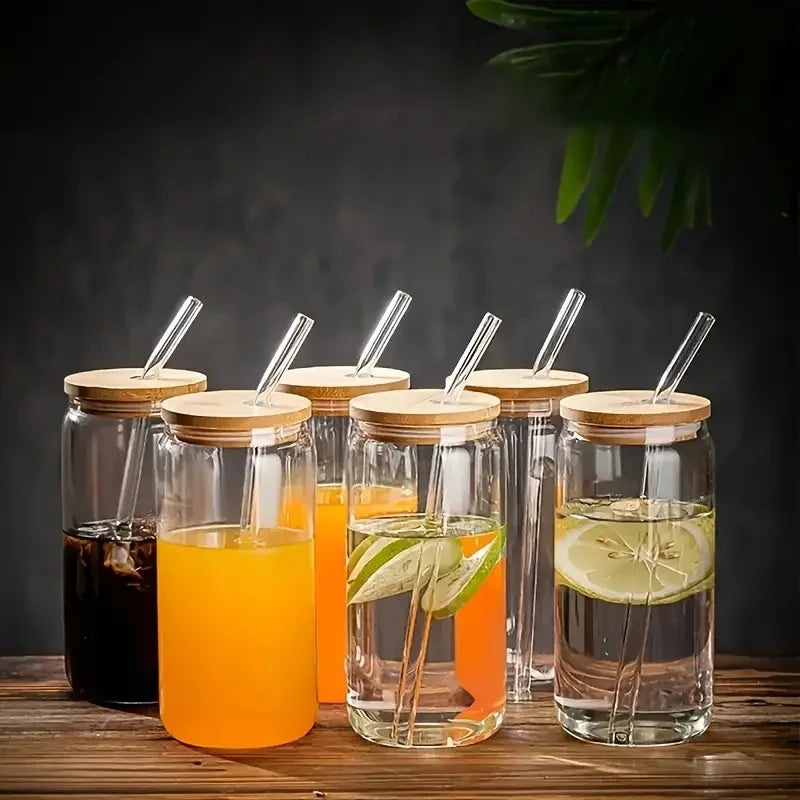 6-Piece Glass Cup Set with Bamboo Lids & Straws