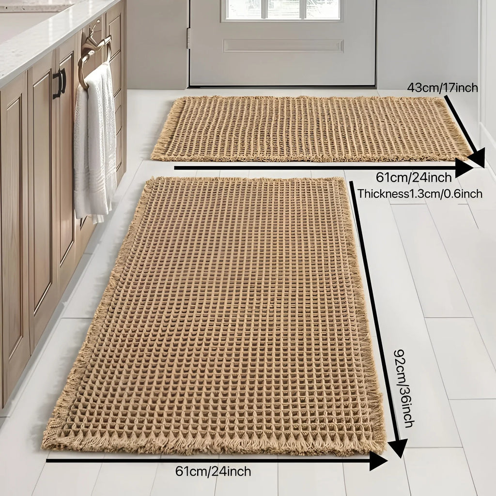 Waffle Weave Bathroom Mat, Super Absorbent Non-Slip Bath Mat with Tassels, Machine Washable, Brown (2 Sizes)