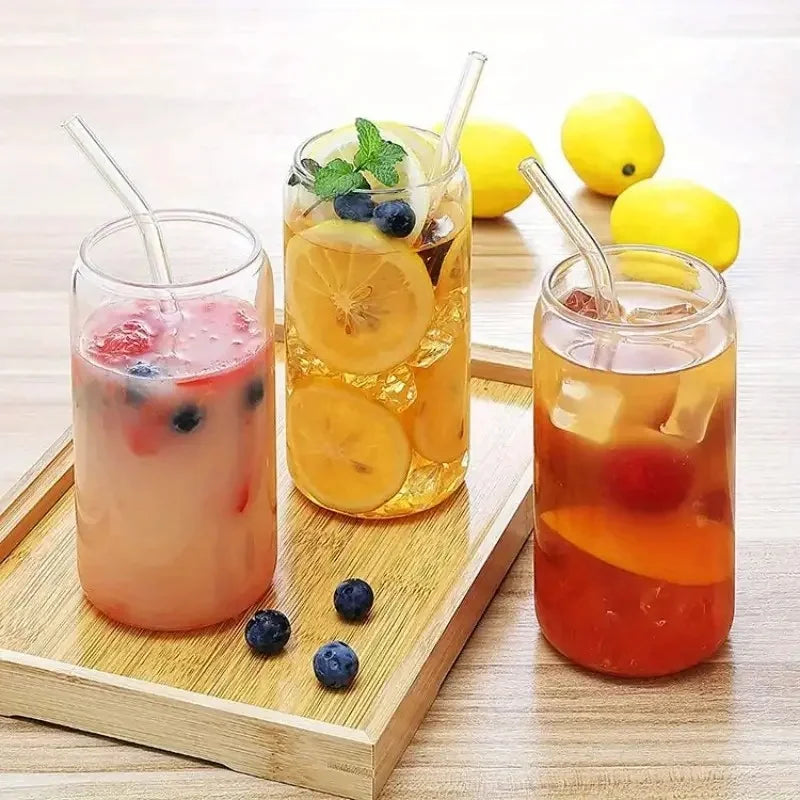 6-Piece Glass Cup Set with Bamboo Lids & Straws