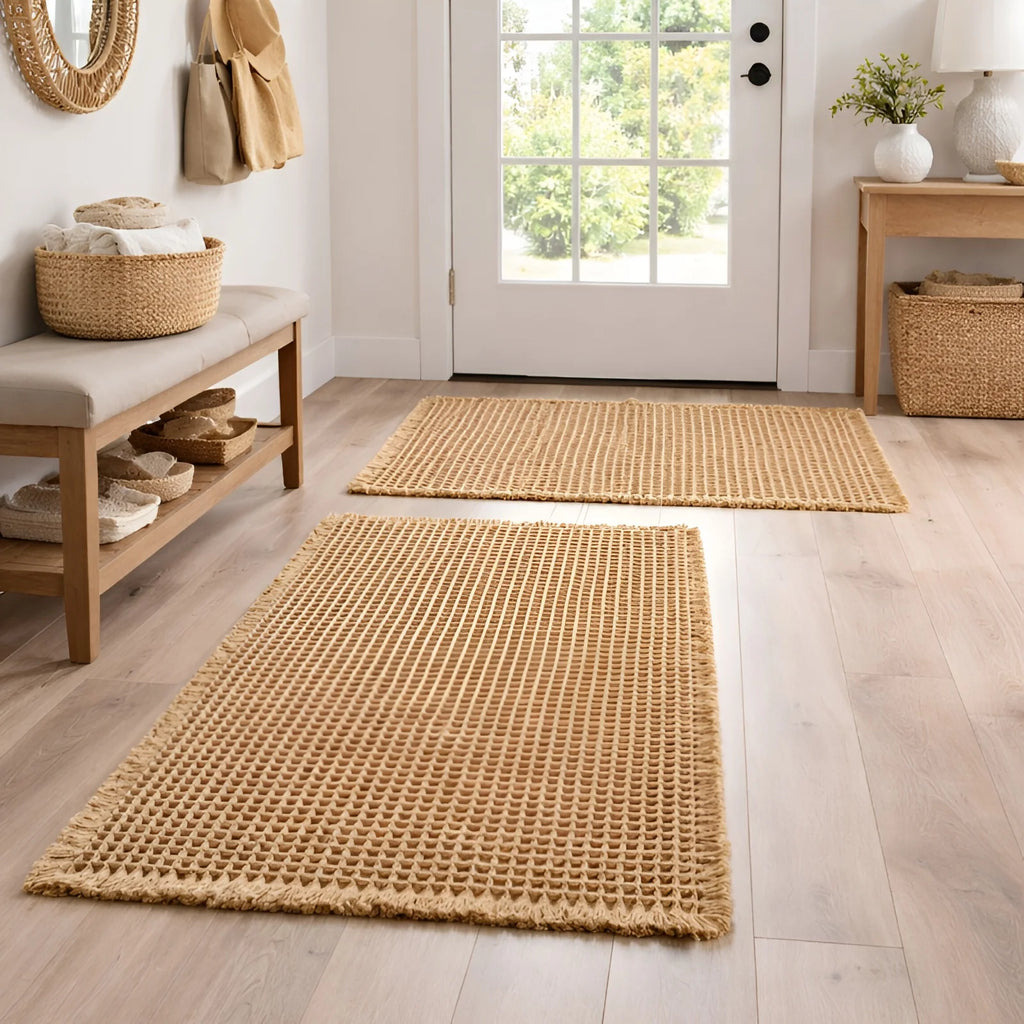 Waffle Weave Bathroom Mat, Super Absorbent Non-Slip Bath Mat with Tassels, Machine Washable, Brown (2 Sizes)