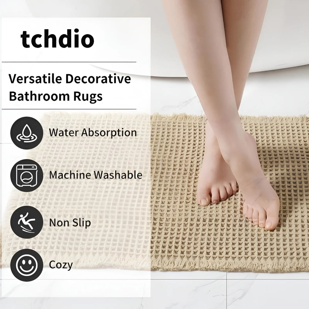 Waffle Weave Bathroom Mat, Super Absorbent Non-Slip Bath Mat with Tassels, Machine Washable, Brown (2 Sizes)