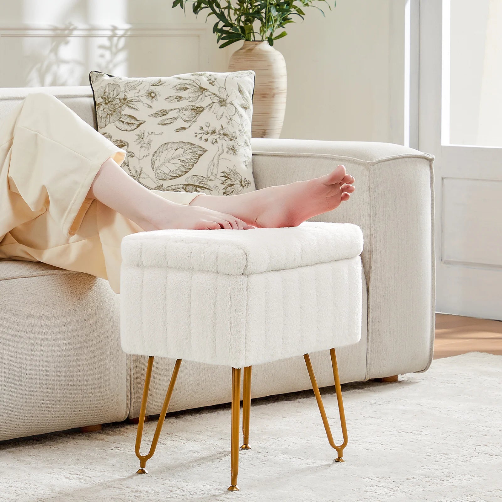 Faux Fur Storage Ottoman Stool