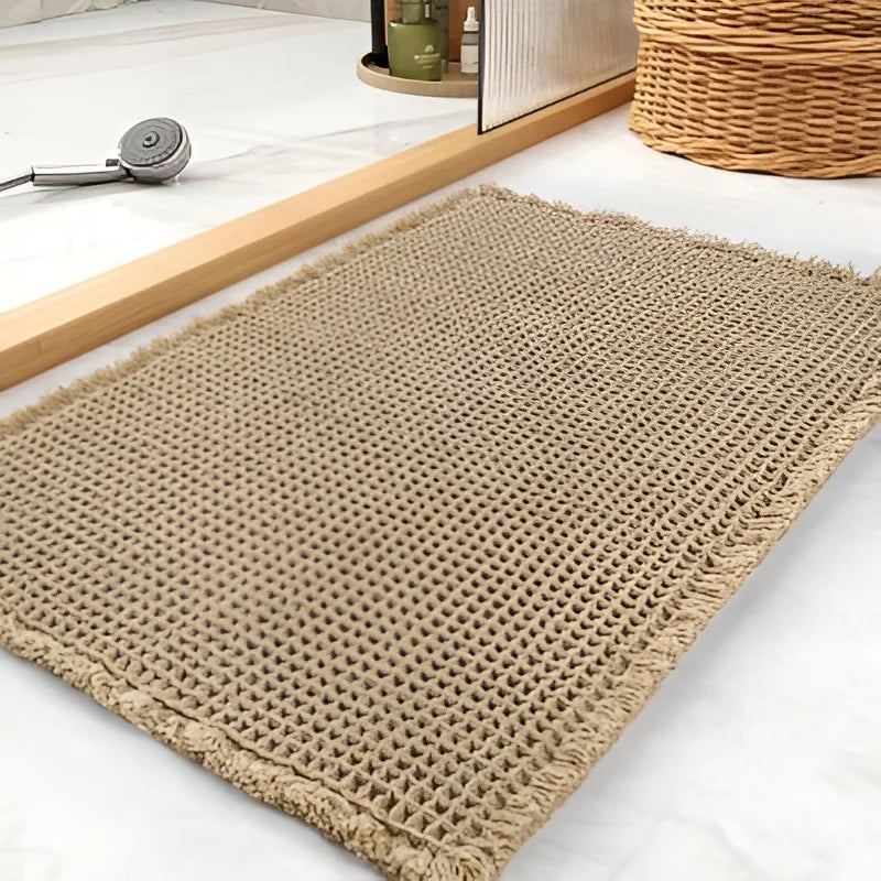 Waffle Weave Bathroom Mat, Super Absorbent Non-Slip Bath Mat with Tassels, Machine Washable, Brown (2 Sizes)