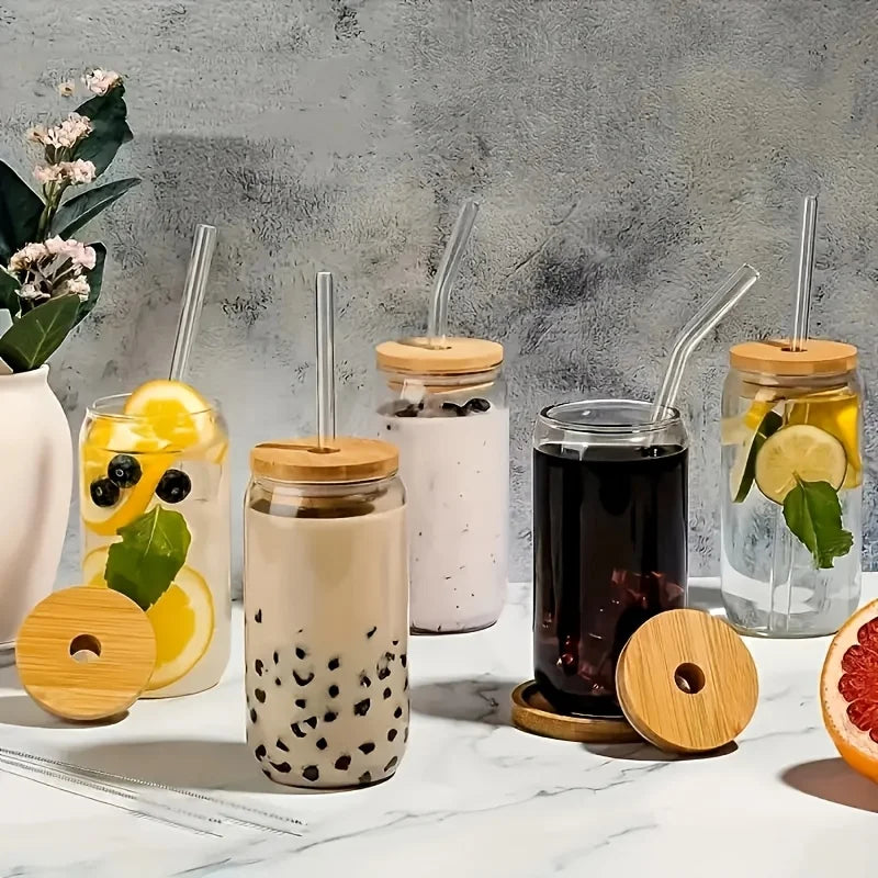 6-Piece Glass Cup Set with Bamboo Lids & Straws